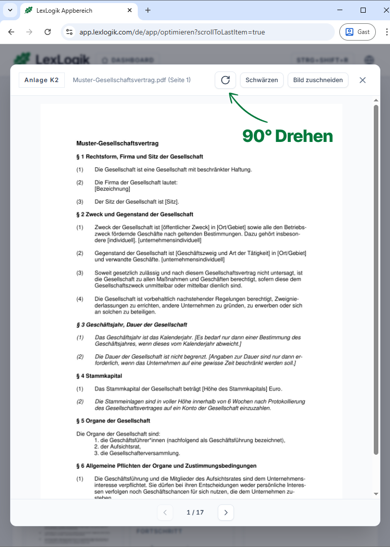 Screenshot aus LexLogik Optimieren: Seite in der Vorschau mit Drehen-Steuerung in 90°-Schritten.