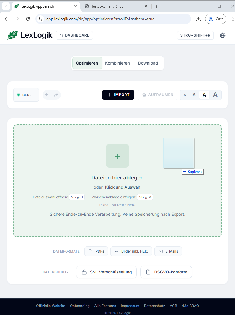 Screenshot aus LexLogik Optimieren: Ablagezone zum Ablegen von Dateien per Drag & Drop.