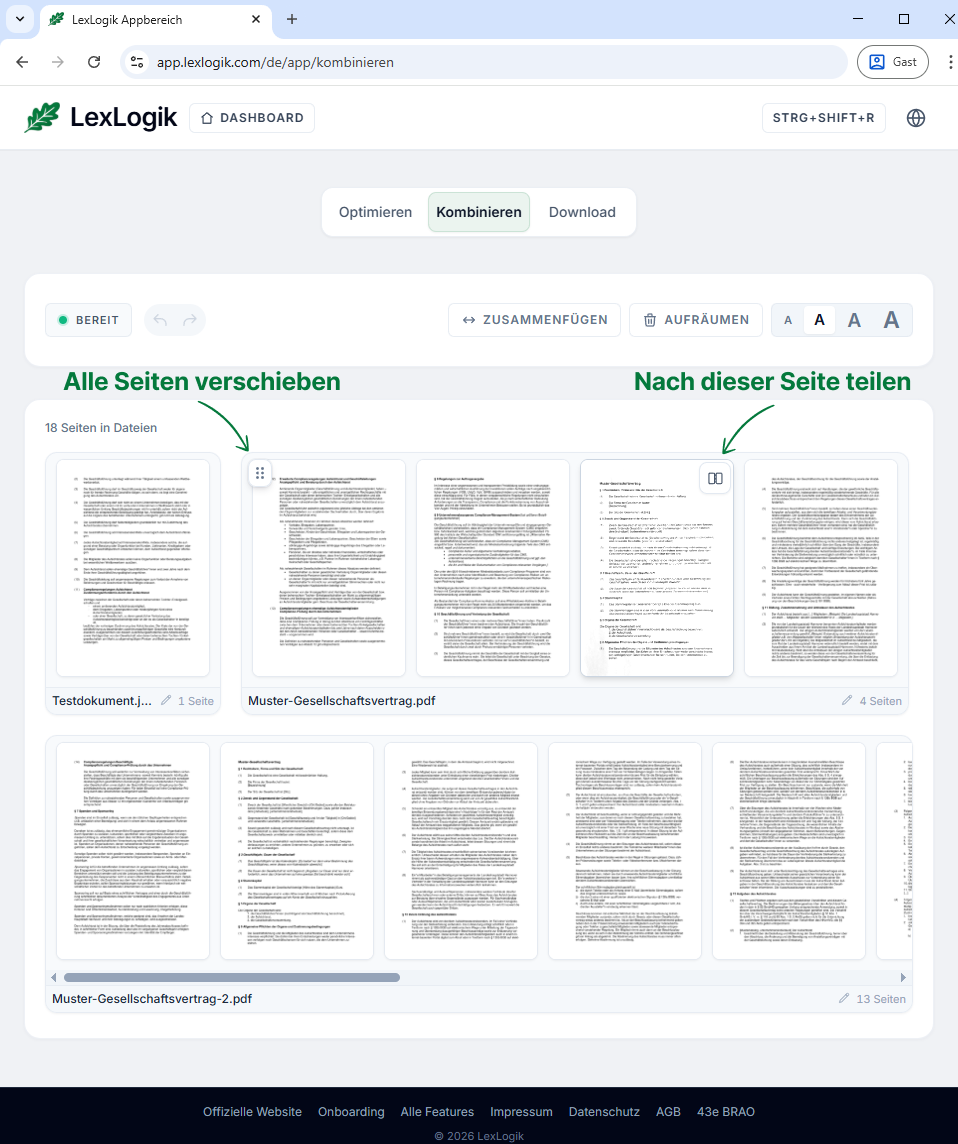 Screenshot aus LexLogik Kombinieren: langes PDF, Aufteilung ab gewählter Seite in eine Spalte.