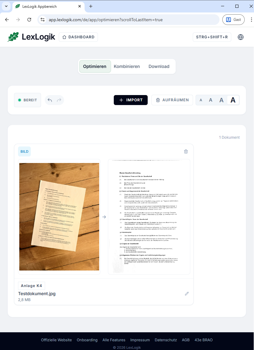 Screenshot aus LexLogik: Optimieren-Ansicht mit Upload-Karte, Vorschau und Bearbeitungsstatus.