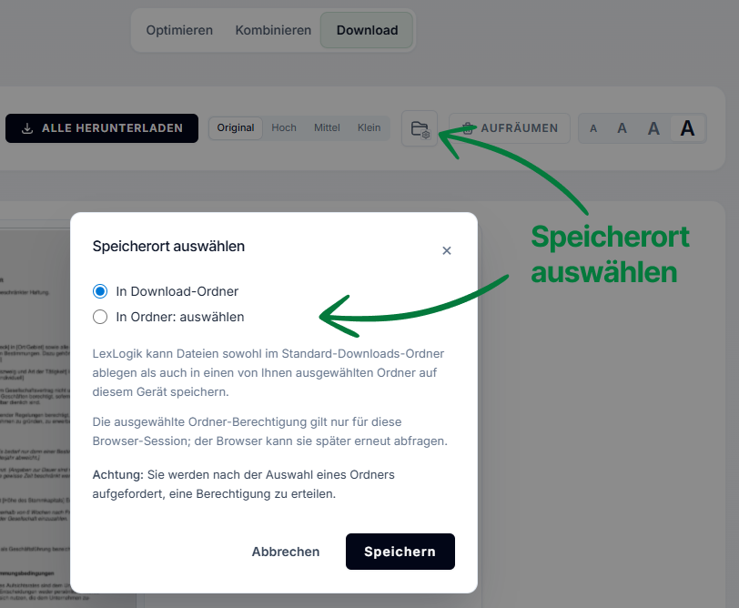 Screenshot aus LexLogik Download: Ordner-Symbol zum Wählen eines festen Zielordners neben „Alle herunterladen“.