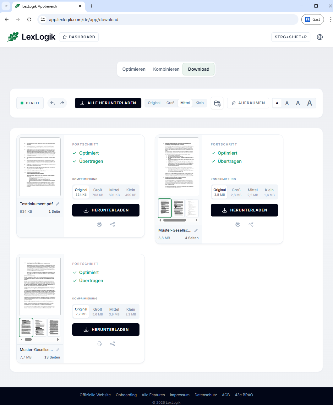 Screenshot aus LexLogik: Export aus Kombinieren und Ergebnis im Download-Bereich.