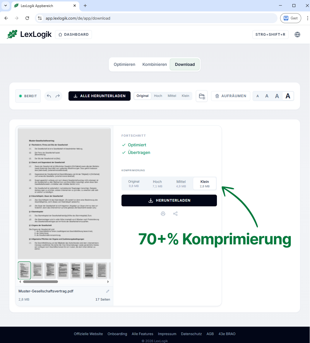 Screenshot aus LexLogik: Download mit Vorschau, Fortschritt und Kompressionsstufen von Original bis Klein.